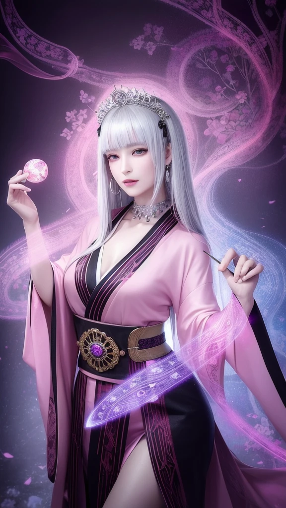 (masterpiece, top quality, 1 female, solo, exquisite details, chromatic aberration), (realistic), (skin), ((breathing)), (silver hair, blunt bangs, cropped straight long hair, short bangs, silver hair), beautiful hair, red headdress, highlights, hair on one eye, beautiful eyes, purple eyes, thick lips, earrings, piercing eyes, ((gold and white kimono)), ((symmetrical eyes)), ((perfectly symmetrical body)), ((perfectly symmetrical hands)), (purerosface_v1:0.3), full moon night, ((self, natural light))), bright lighting, flowers blooming in background, in front of viewer, ((central shot, from the front, (face and shoulders))), mysterious atmosphere, colorful flowers blooming around, bright colored background, shrine maiden in kimono, beautiful shrine maiden, Shrine maiden, fantasy female shrine maiden, female fortune telling shrine maiden, fantasy photography, Japanese style, elegant cinematic fantasy art, fantasy woman, sorceress portrait, powerful wizard surrounded by mystical colorful flowers, holding a glowing heart crystal ball, eyes glowing with mystical energy, spells leaking from her mouth, vibrant sorcery vortexes pulsating with rainbow hues appear in the air, magic permeates, flowers bloom, sacred creatures gaze in awe, threads of magical energy dance, reveal hidden realms, unravel secrets, capture the essence of this enchanting moment and bring to life the mystical power of sorcery on a canvas of the highest quality and finest detail. Top quality, masterpiece, ultra high resolution, (photorealistic: 1.4), RAW photo, sharp focus, high resolution, detailed skin.
Flowers blooming all around, bright colored background, fortune teller in kimono, beautiful fortune teller, fortune teller, fantasy female fortune teller, female fortune teller, fantasy photography, Japanese style, fortune teller in kimono, elegant cinematic fantasy art, fantasy woman, magician portrait, fortune teller, powerful wizard surrounded by mystical colorful flowers, holding a glowing heart c