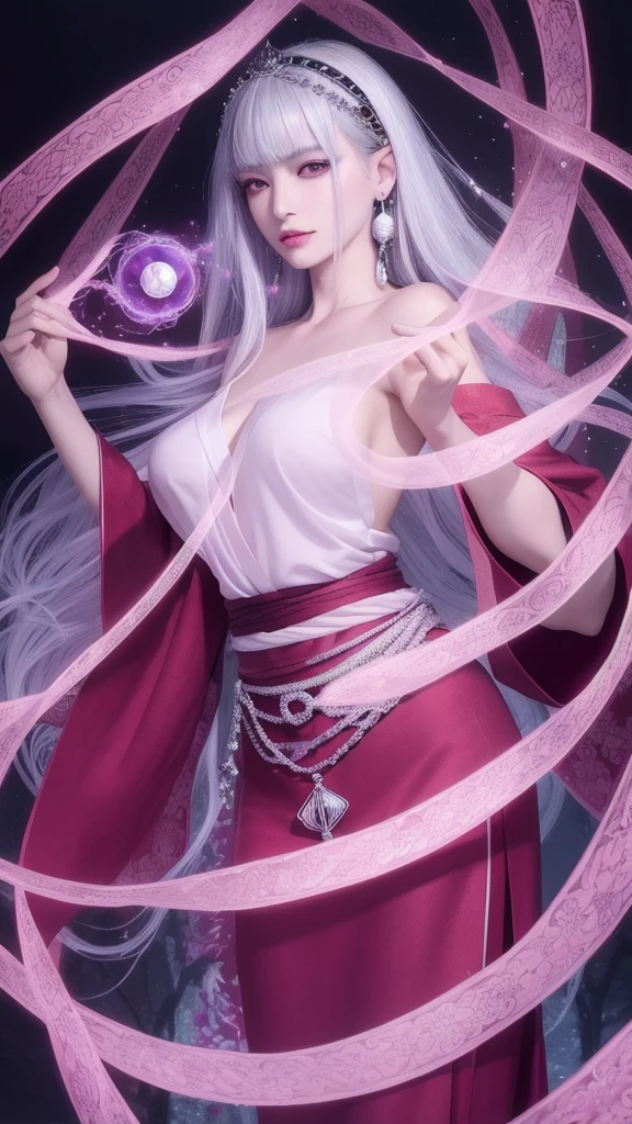 (masterpiece, top quality, 1 female, solo, exquisite details, chromatic aberration), (realistic), (skin), ((breathing)), (silver hair, blunt bangs, short cut straight long hair, short cut bangs, silver hair), beautiful hair, big red headdress, blue highlights, hair on one eye, purple eyes, thick lips, earrings, piercing eyes, friendly eyes, ((pink and white kimono)), ((symmetrical eyes)), ((perfectly symmetrical body)), ((perfectly symmetrical hands)), (purerosface_v1:0.3), night, (((self, natural light))), bright lighting, flowers blooming in the background, facing forward, ((central shot, from the front, (face and waist))), mysterious atmosphere, flowers blooming around, light colored background, fortune teller in kimono, beautiful fortune teller, fortune teller, dark fantasy female fortune teller, female fortune teller, fantasy photography, magician, witch fairy tale, japanese style, elegant cinematic fantasy art, fantasy woman, magician portrait, casting a spell, fortune teller, unsexy kimono, a powerful wizard stands in a mysterious forest, fluttering robes adorned with symbols, holding a glowing heart crystal ball, eyes glowing with mystical energy, spells leaking from his mouth, vivid swirling patterns of black magic pulsating in hues of red and blue appear in the air, magic permeates, flowers bloom and sacred creatures gaze in awe, threads of magical energy dance, revealing hidden realms and unravelling secrets, capturing the essence of this enchanting moment and bringing to life the mysterious power of black magic on a canvas of the highest quality and finest detail. Top Quality, Masterpiece, Ultra High Resolution, (Photorealistic: 1.4), RAW Photo, Sharp Focus, High Resolution, Detailed Skin, .
