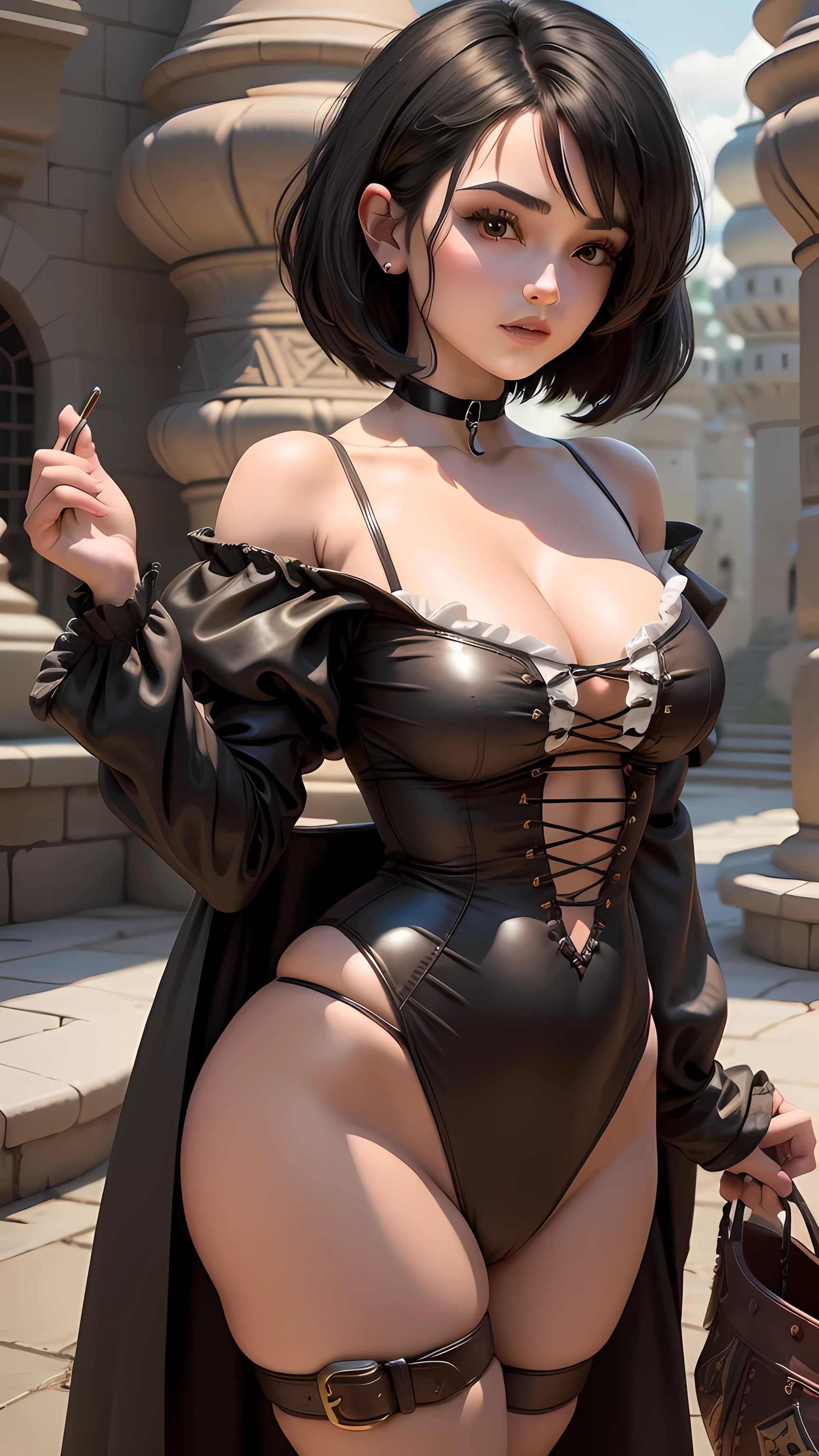 masterpiece, best quality,3d rending work ,3DMM style,close-up, 3D,1girl, solo, black hair, realistic, upper body, fantasy castle background, parted lips, choker, makeup, (medium perky breasts) realistic natural breasts, cleavage, garnet, ffix, black lingerie, short black hair, egyptian bob haircut