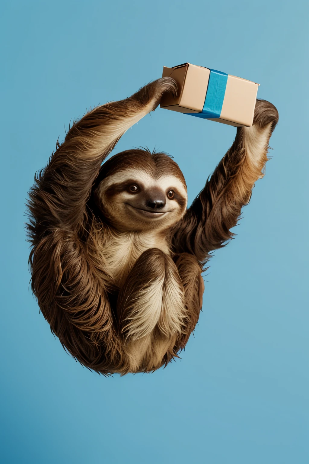 a hyper realistic sloth, extremely detailed and realistic, holding a tiny small box up in the air, smily, excited, flat blue background