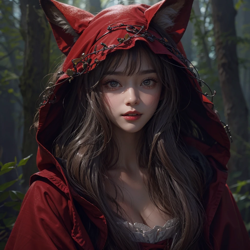 Standing in the forest、Hair flow、 ((Highest quality、masterpiece、8K、Best image quality、Ultra-high resolution、Award-winning works)、(Accurate anatomy:1.1)、(Look at me and smile:1.1)、Shining fair skin with Ultra-high resolution、The most detailed face、Ultra-high resolution detailed face、Ultra-high resolutionの髪の毛、(Ultra-high resolution eye:1.1)、Beautiful face drawn in every detail、little red riding hood　Costumes , Chest to chest,  Strange atmosphere, A real werewolf stares at her......., Dark Light, in the forest , Heavy makeup 