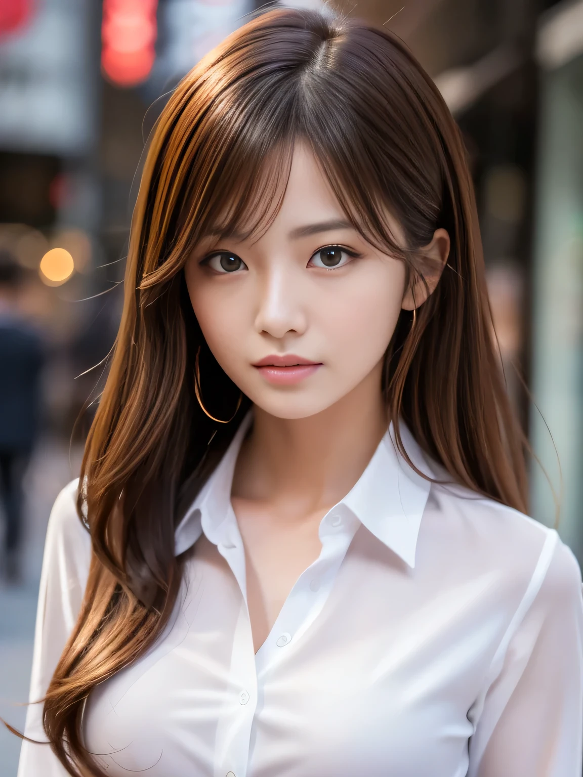 Ultra High Definition, Superior Quality, Premier Quality, ultra detailed, Photorealistic, 8k, RAW Photos, highest quality, masterpiece, Attractive woman, Stunning woman, Sexy, Brown Hair, Shoulder Length Layered, Japanese Model, Sophisticated, Stylish, Formal shirt, Shibuya,