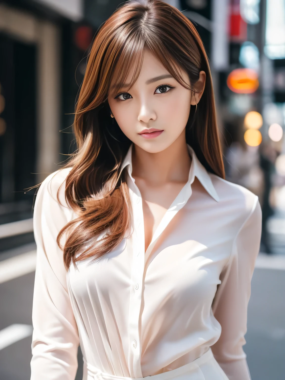 Ultra High Definition, Superior Quality, Premier Quality, ultra detailed, Photorealistic, 8k, RAW Photos, highest quality, masterpiece, Attractive woman, Stunning woman, Sexy, Brown Hair, Shoulder Length Layered, Japanese Model, Sophisticated, Stylish, Formal shirt, Shibuya,