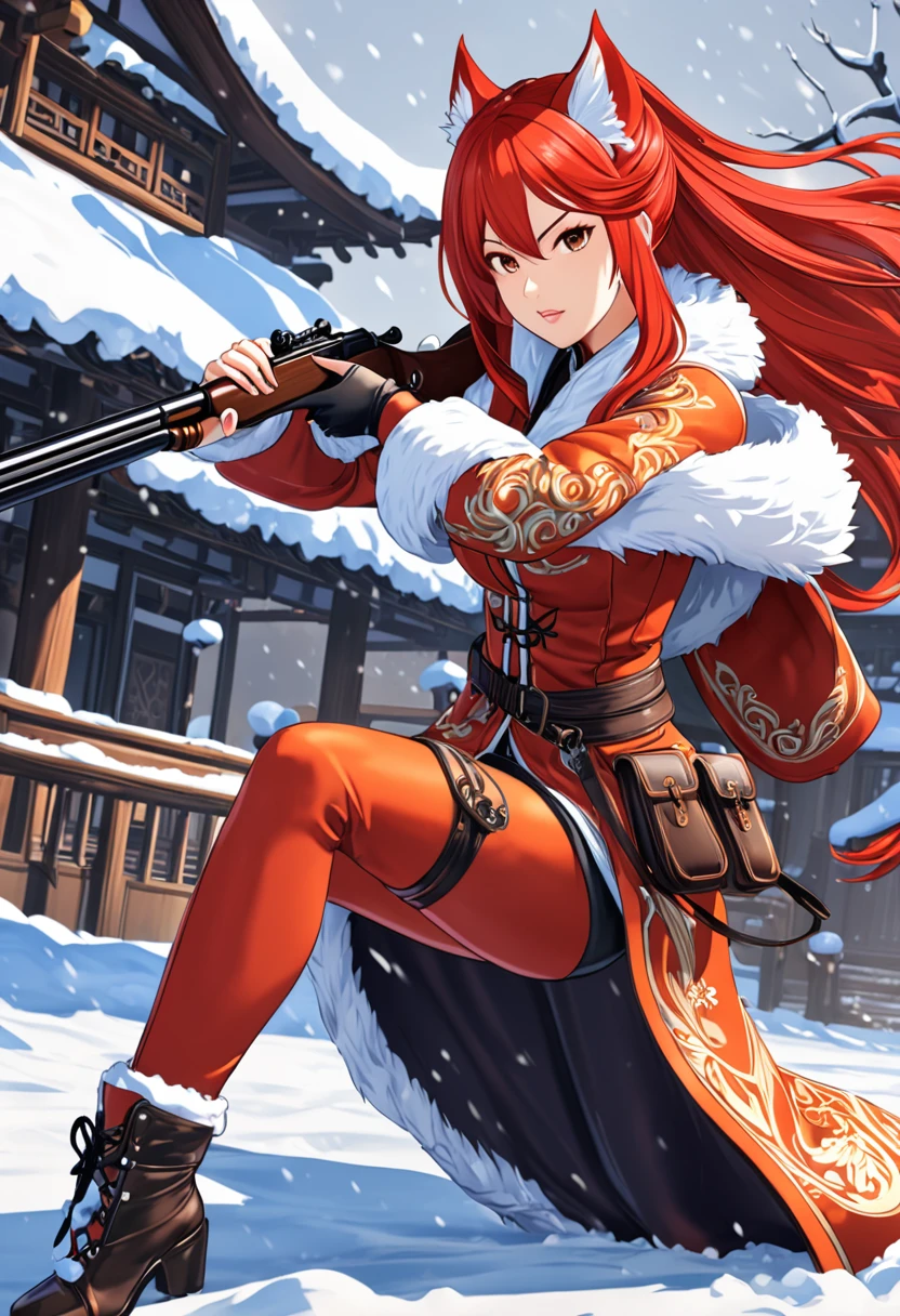 Huntress holding rifle,Snow Fighting Pose,East,Blade and Soul,Ink style,Long red hair,Leather and fur coats,cold,artwork,3d,4K,detailed,Practical