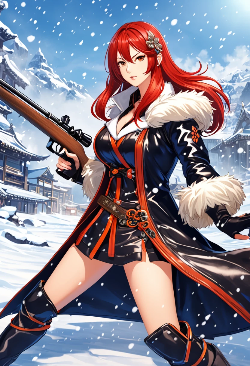 Huntress holding rifle,Snow Fighting Pose,East,Blade and Soul,Ink style,Long red hair,Leather and fur coats,cold,artwork,3d,4K,detailed,Practical