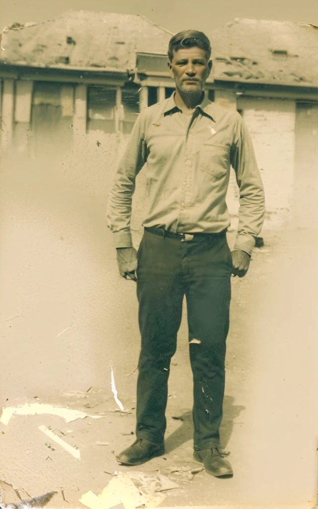 There is a man standing in front of a building wearing a shirt and pants., grainy photo of an ugly man, grainy damaged photo, realistic old photo, grainy vintage, tintype full body view, old damaged polaroid photo, old style photo, aged photo, very old photo, realistic old photograph, old color photograph, low quality grainy photography
