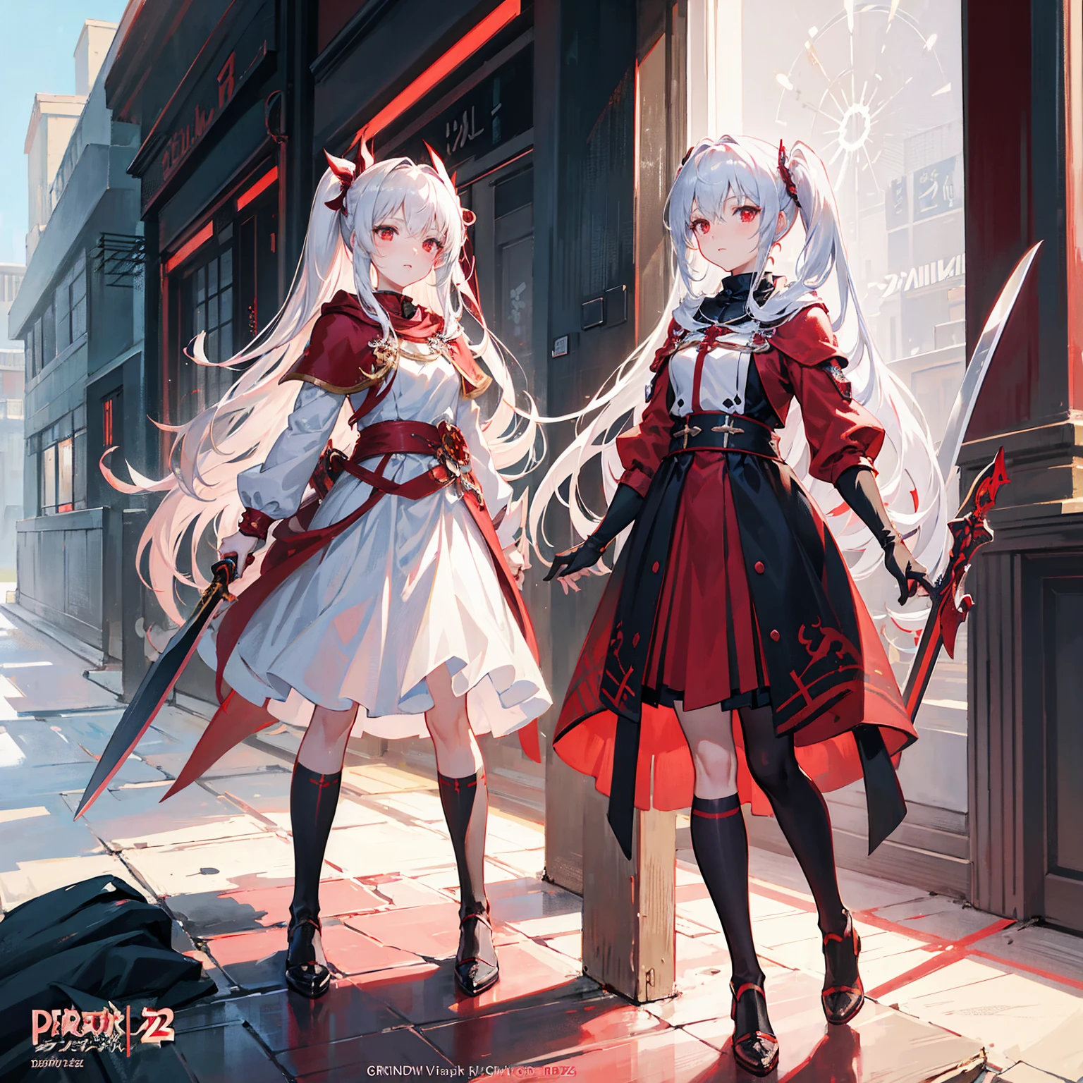Wearing a red and white dress、anime girl holding sword, Highly detailed official artwork, Epic Light Novel Cover Art, epic Light novel cover art, Silver and red armor, guweiz on pixiv artstation, Anime style 4K, Detailed key animation art, Light novel cover art, Anime Fantasy Artwork,White hair and red eyes,Side Ponytail,Waist-length hair,one person,Portraiture,Reading