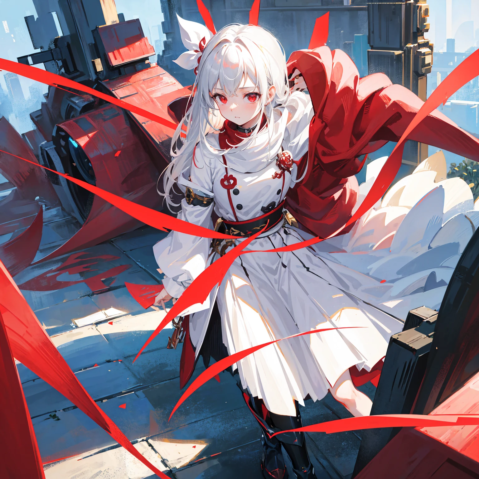 Wearing a red and white dress、anime girl holding sword, Highly detailed official artwork, Epic Light Novel Cover Art, epic Light novel cover art, Silver and red armor, guweiz on pixiv artstation, Anime style 4K, Detailed key animation art, Light novel cover art, Anime Fantasy Artwork,White hair and red eyes,Side Ponytail,Waist-length hair,one person,Portraiture,Reading