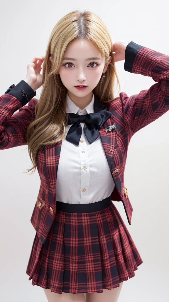 (((forehead、Blonde、Northern Europe、White people、beautiful girl、Blonde、White background、AKB48、Idol、Red plaid、uniform、mini skirt、Jacket)))、table top, highest quality, figure, super detailed, finely, High resolution, 8k wallpaper, Perfect dynamic composition, detailed and beautiful eyes, Deco out,bionde, medium hair, super big breasts, Natural color lip,white background, random cute poses,frill dress