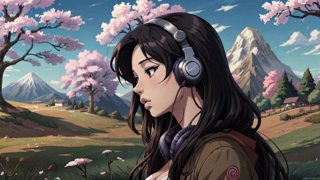 Anime girl with headphones and a cherry tree in the background sam yang, 1girl, black hair, breasts, closed mouth, day, grass, headphones, lips, long hair, mountain, outdoors, profile, shadow, small breasts, solo, tree , ((masterpiece)) anime background art, amazing wallpaper, background art, hd wallpaper, relaxing concept art, beautiful wallpaper, high quality desktop wallpaper, background artwork, pc wallpaper, anime background, wallpaper hd, 8K image quality, Masterpiece
