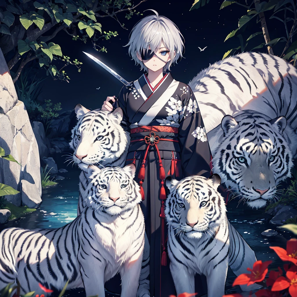 (((1 person))) (((Put on an eye patch Gray Hair White Tiger))) ((High resolution short hair Black kimono Shoulder knifeを胸の前で構える)) ((Black Band samurai Lonely despair blue eyes Close-up)) ((Blue Butterfly night Japanese style old Shining Aura garden water surface Catch the wind)) (dance 日本knife knife Slashing) 月night moonlight star Draw your sword Shining Background Shining Edge