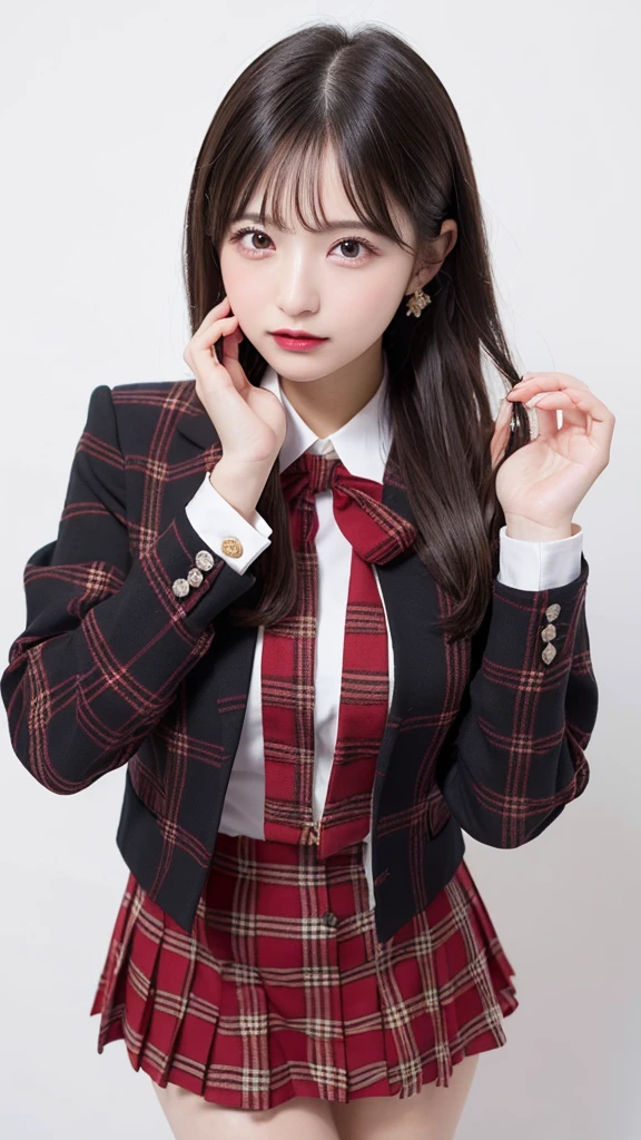 (((forehead、Northern Europe、White people、beautiful girl、Black Hair、White background、AKB48、Idol、Red plaid、uniform、mini skirt、Jacket)))、table top, highest quality, figure, super detailed, finely, High resolution, 8k wallpaper, Perfect dynamic composition, detailed and beautiful eyes, Deco out,bionde, medium hair, super big breasts, Natural color lip,white background, random cute poses,frill dress
