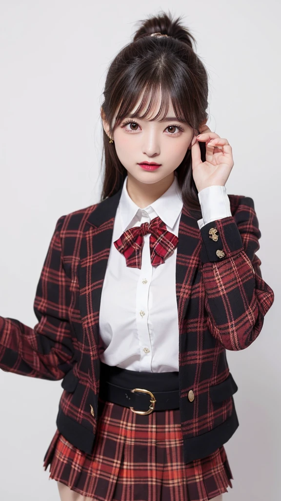 (((forehead、Northern Europe、White people、beautiful girl、Black Hair、White background、AKB48、Idol、Red plaid、uniform、mini skirt、Jacket)))、table top, highest quality, figure, super detailed, finely, High resolution, 8k wallpaper, Perfect dynamic composition, detailed and beautiful eyes, Deco out,bionde, medium hair, super big breasts, Natural color lip,white background, random cute poses,frill dress