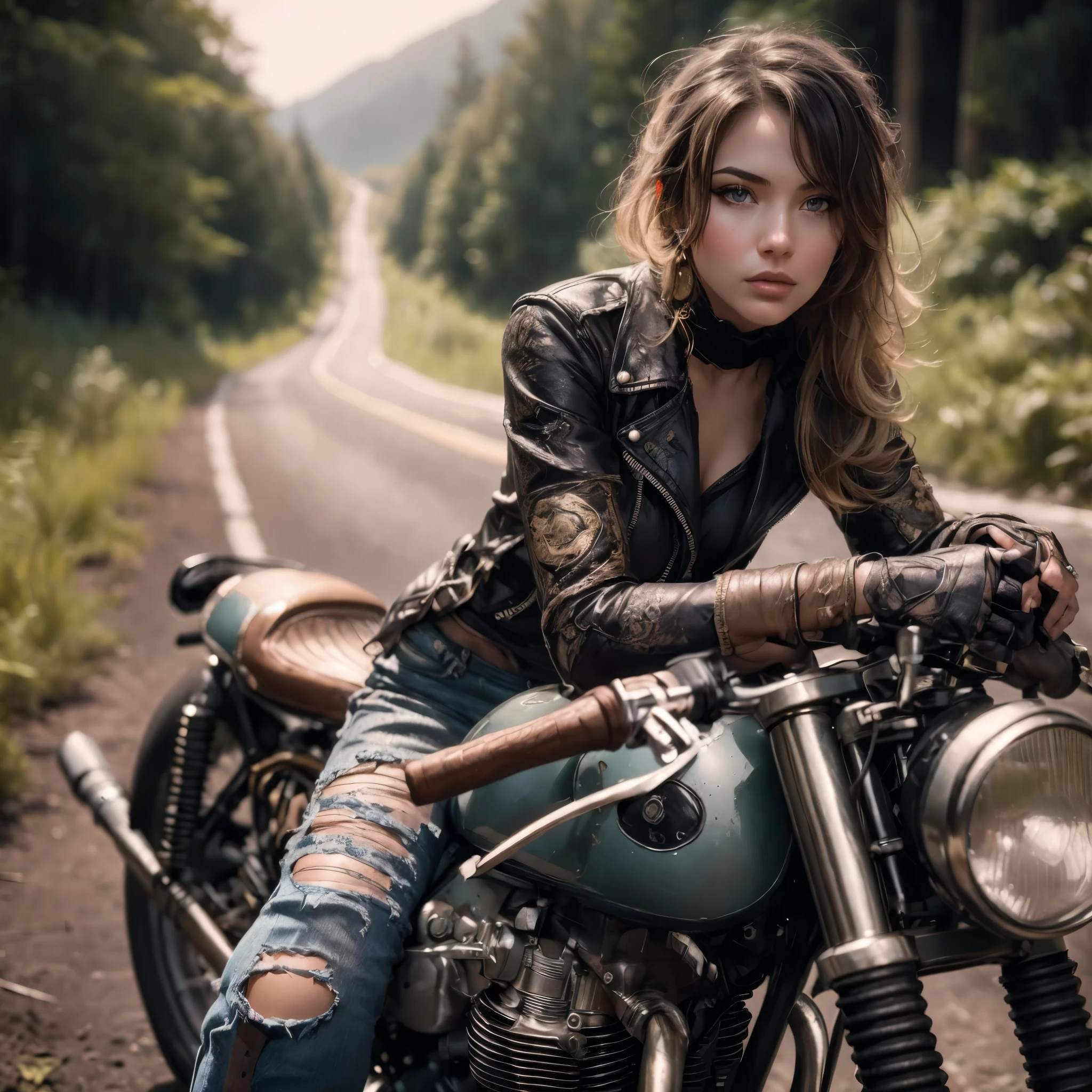  cafe racer, caucasian woman, perfect big natural breasts, riders wear, beautiful face, leather outfit, very intricate details, metallic paint, single road in wilderness, realistic photo, taken with Fuji film X-T30+Nokton. HDR10, 