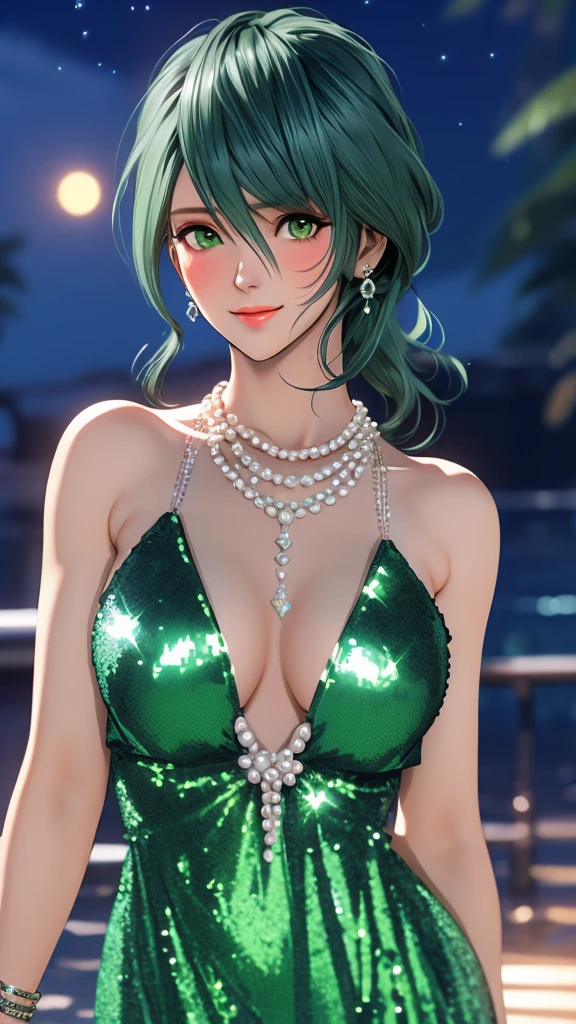 1woman, tamaki, green hair, green eyes, hair between eyes, detailed eyes, (silver sequined dress), kindly smile, blush, night, Pearl Necklace, bust shot