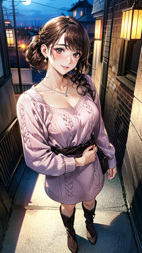 (masterpiece:1.3, Highest quality, Ultra-high resolution, Super detailed), (Realistic, photoRealistic:1.4), Beautiful illustrations, Perfect lighting, colorful, Depth of written boundary, Beautiful detailed hair, Beautifully detailed face, Beautiful fine details, Droopy eyes、Beautiful clavicle, Beautiful body, 美しいLarge Breasts, Beautiful thighs, Beautiful feet, Beautiful fingers, View Viewer、Front view:0.6, Beauty1人, Japanese, Beauty、30 years old, Perfect Face, (Perfect Anatomy, Anatomically correct), Cute and symmetrical face, Baby Face, , Shiny skin, (with thin belt、Pink long sleeve knit A-line dress:1.4) 、(short boots:1.3)、(Dark brown hair, Updo Hair:1.4), braided bangs、Dark brown eyes, Large Breasts, Slim body, necklace, Small earrings:1.1, (Beautiful views), (night), (city, cityscape in the distance), Riverside、Skipping、 A soft smile、(Smile, Lips parted),