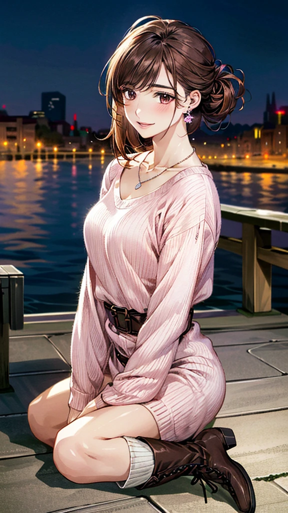 (masterpiece:1.3, Highest quality, Ultra-high resolution, Super detailed), (Realistic, photoRealistic:1.4), Beautiful illustrations, Perfect lighting, colorful, Depth of written boundary, Beautiful detailed hair, Beautifully detailed face, Beautiful fine details, Droopy eyes、Beautiful clavicle, Beautiful body, 美しいLarge Breasts, Beautiful thighs, Beautiful feet, Beautiful fingers, View Viewer、Front view:0.6, Beauty1人, Japanese, Beauty、30 years old, Perfect Face, (Perfect Anatomy, Anatomically correct), Cute and symmetrical face, Baby Face, , Shiny skin, (with thin belt、Pink long sleeve knit A-line dress:1.hort boots:1.3)、(Dark brown hair, Updo Hair:1.4), braided bangs、Dark brown eyes, Large Breasts, Slim body, necklace, Small earrings:1.1, (Beautiful views), (night), (city, cityscape in the distance), Riverside、Skipping、 A soft smile、(Smile, Lips parted),