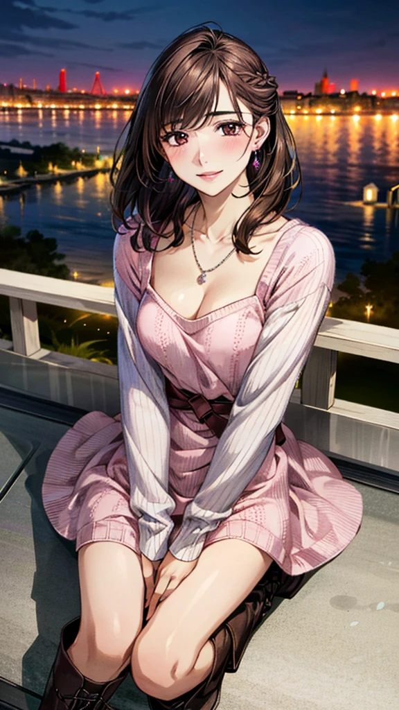 (masterpiece:1.3, Highest quality, Ultra-high resolution, Super detailed、8K), (Realistic, photoRealistic:1.4), Beautiful illustrations, Perfect lighting, colorful, Depth of written boundary, Beautiful detailed hair, Beautifully detailed face, Beautiful fine details, Droopy eyes、Beautiful clavicle, Beautiful body, 美しいLarge Breasts, Beautiful thighs, Beautiful feet, Beautiful fingers, View Viewer、Front view:0.6, Beauty1人, Japanese, Beauty、30 years old, Perfect Face, (Perfect Anatomy, Anatomically correct), Cute and symmetrical face, Baby Face, , Shiny skin, (Pink long sleeve knit A-line dress:1.4) 、(short boots:1.3)、(Dark brown hair, Updo Hair:1.4), braided bangs、Dark brown eyes, Large Breasts, Slim body, necklace, Small earrings:1.1, (Beautiful views), (night), (city, cityscape in the distance), Riverside、 A soft smile、(Smile, Lips parted),