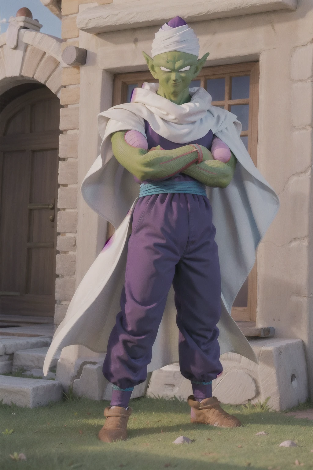 masterpiece, best quality, piccolo,1boy, male focus, upper body, solo, standing, pointy ears,purple dougi,purple pants,green skin,blue sash,(white turban), white cape,smile,closed mouth, looking at viewer, bald,black eyes, from below,crossed arms, rocky grassfields, pink patches 