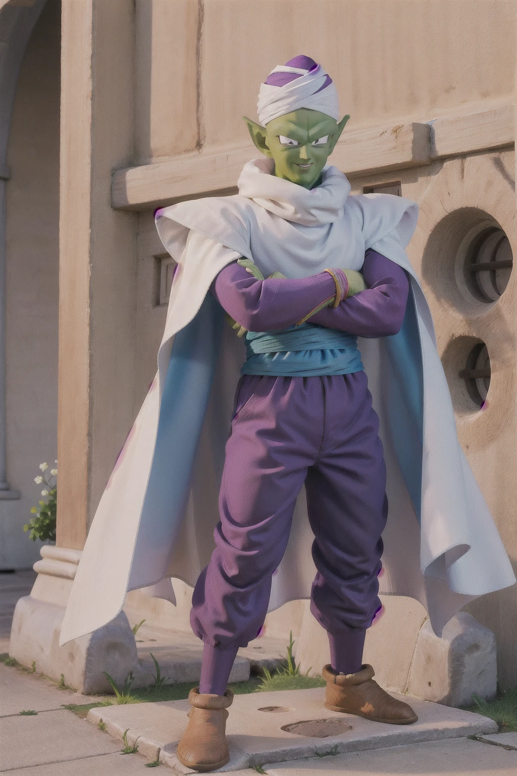 masterpiece, best quality, piccolo,1boy, male focus, upper body, solo, standing, pointy ears,purple dougi,purple pants,green skin,blue sash,(white turban), white cape,smile,closed mouth, looking at viewer, bald,black eyes, from below,crossed arms, rocky grassfields, pink patches 