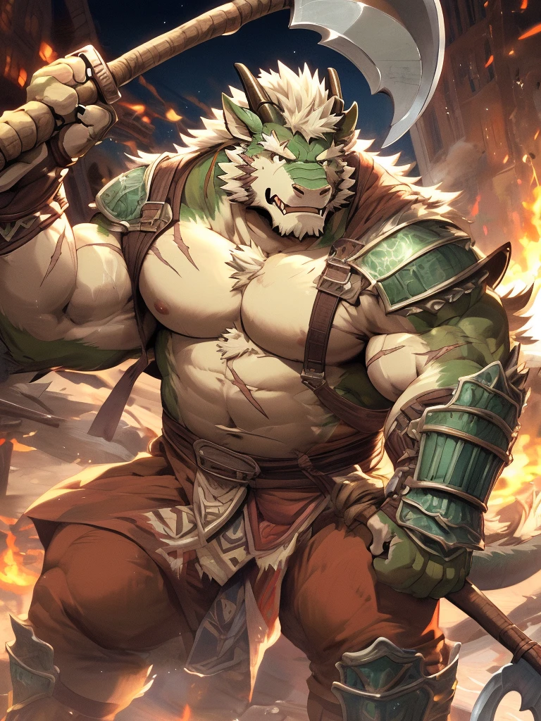 a furry eastern dragon, long whisker, green fur, bare chest, big chest, big build, warrior waist armor, sandal, ((eastern dragon), ((green dragon)), ((waist armor)), furry art, full body, mature, tall, daddy, muscular, rounded face, ((no coat)), ((berserker)), scar body, (scar), bare body, many scars on body, scar face, long beard, very muscular, beefy body, (((bare chest))), (((large pecs))), (((hold a long and big axe))), action pose