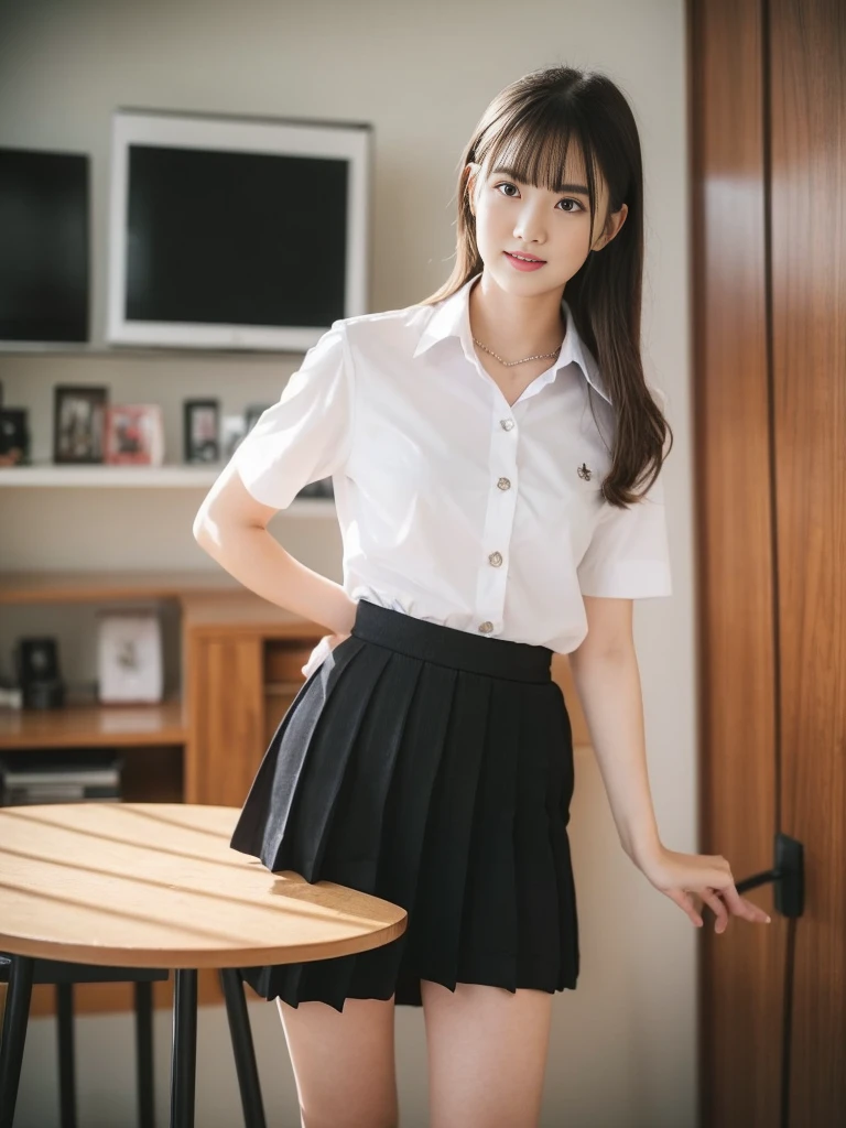 A young woman stands and gives a presentation wearing a sexy academic uniform.,Small milk,Look at me on the table, black skirt, The skirt flipped up.,bare, Open a tight white shirt.,(collar shirt),、(Masterpiece、Highest quality) 、for sharp images、The sun is strong.、Definitely a striking image., very very beautiful、Masterpiece, Highest quality,picture, cute,((23 year old woman:1.2)), realistically,realistic