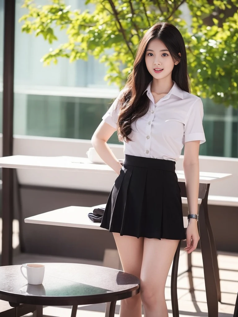 A young woman stands and gives a presentation wearing a sexy academic uniform.,Small milk,Look at me on the table, black skirt, The skirt flipped up.,bare, Open a tight white shirt.,(collar shirt),、(Masterpiece、Highest quality) 、for sharp images、The sun is strong.、Definitely a striking image., very very beautiful、Masterpiece, Highest quality,picture, cute,((23 year old woman:1.2)), realistically,realistic