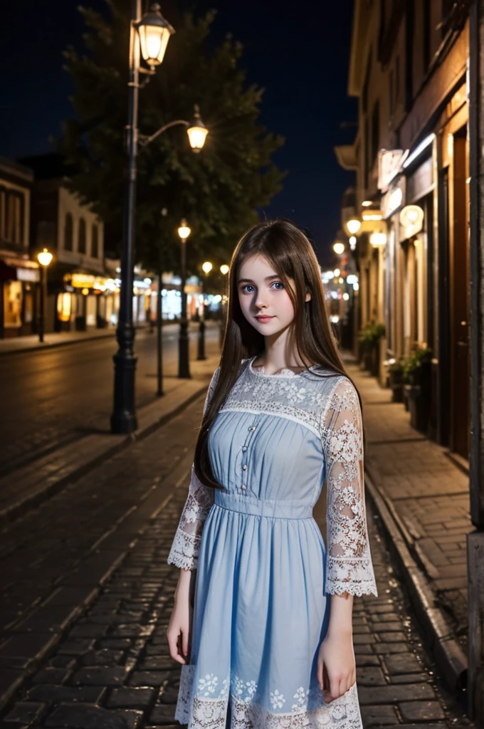 Dark atmosphere, big striking blue eyes, soft smile, pretty and cute 15 year old girl, pale white skin, rosy cheeks, long dark hair, look innocent and beautiful, old lace dress, flowers, Damascus street at night 