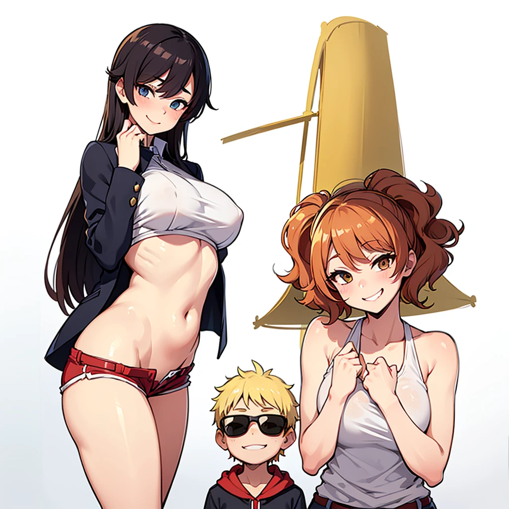 two sexy women in teachers outfits, looking at 4 years old boonde hair and shorts, flirtatious smiles, women have short curly red hair, women have sunglasses and sunhats