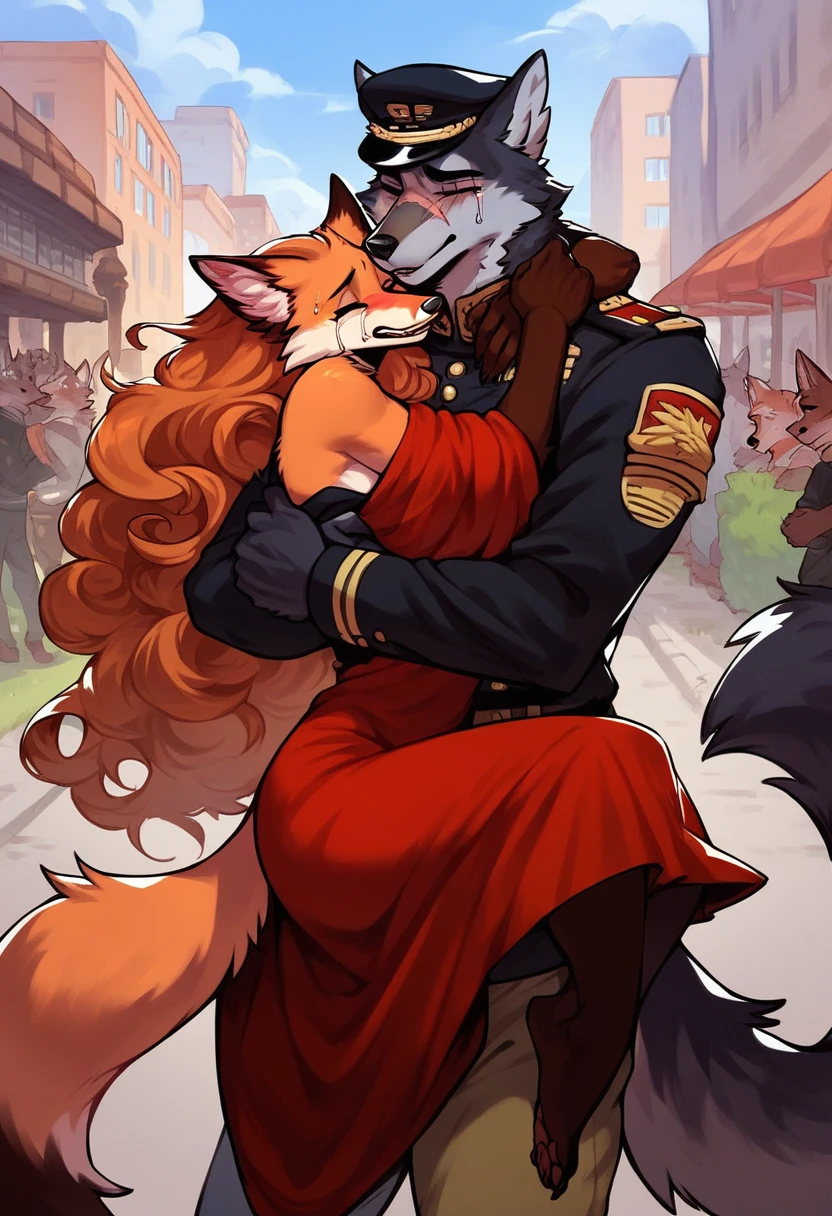 score_9, score_8_up, score_7_up, city, town park square, daytime, crowd on background, sunny, happy, joyful, love, reunion, face to face, (kissing:0.5)

((fox:1.2), anthro, female, dark brown fur, long flowing hair, beautiful, wearing a dress, crying tears of joy, hugging, being lifted, feet off the ground)

((wolf:1.2), anthro, male, black fur, (scars, wounds), (wearing a military uniform, pants and hat), strong, lifting, loving expression)