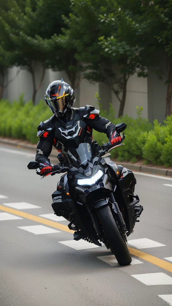 Handsome full body black mecha White short hair cyber handsome warrior, Black cybernetic motorcycle, High-tech black full face helmet, White short hair, Noel, biology, MSHN Staff, High-tech helmet, Surrealism, steel, Complex design, Crazy details, Fine details, The lines are very clear, Light, Photorealism, A meticulous masterpiece