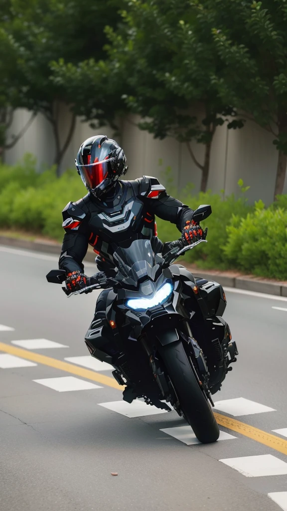 Handsome full body black mecha White short hair cyber handsome warrior, Black cybernetic motorcycle, High-tech black full face helmet, White short hair, Noel, biology, MSHN Staff, High-tech helmet, Surrealism, steel, Complex design, Crazy details, Fine details, The lines are very clear, Light, Photorealism, A meticulous masterpiece