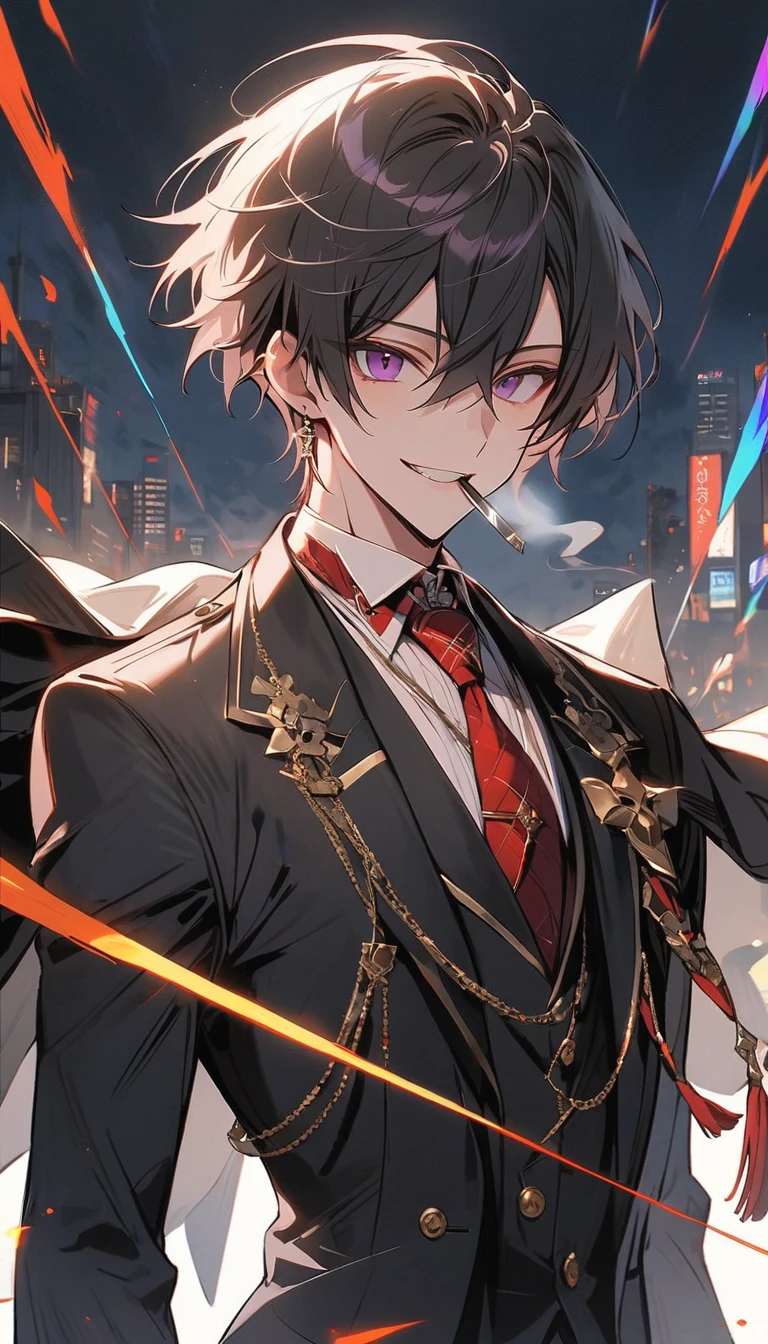 good looking, alone, 1 male, short hair, Smile Facial,1. Boy with black and purple hair, Moderate height, Slim body, Long coat, Black lining,good looking, short hair, Black Hair, Rainbow Hair, Purple eyes, 先端がスモーキーグレーのBlack Hair, smoking, Black light,smile、, Bright, sharp eyes illuminate the scene,uniform,Fewer accessories,whole body,Background white,(masterpiece, Highest quality), Yishang_edge, Default_Costume, One boy, alone, Red tie, Black jacket, Black vest, Jacket on shoulders, White shirt, Collared shirt, Black trousers, View your viewers, city, night, knife,紫色に光るknife身