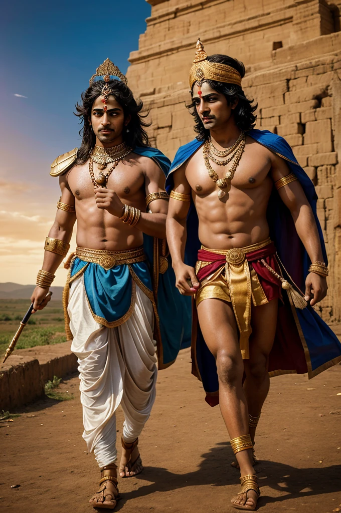 Create an image of Lord Krishna and Arjuna in conversation on the battlefield of Kurukshetra. Krishna should be depicted as the charioteer, dressed in traditional divine attire with a serene and wise expression. Arjuna should be shown as a warrior, in traditional armor, holding a bow with a contemplative look. The background should depict a dramatic battlefield with chariots, soldiers, and a sense of urgency and tension, but also a divine aura around Krishna and Arjuna to emphasize the spiritual significance of their conversation."