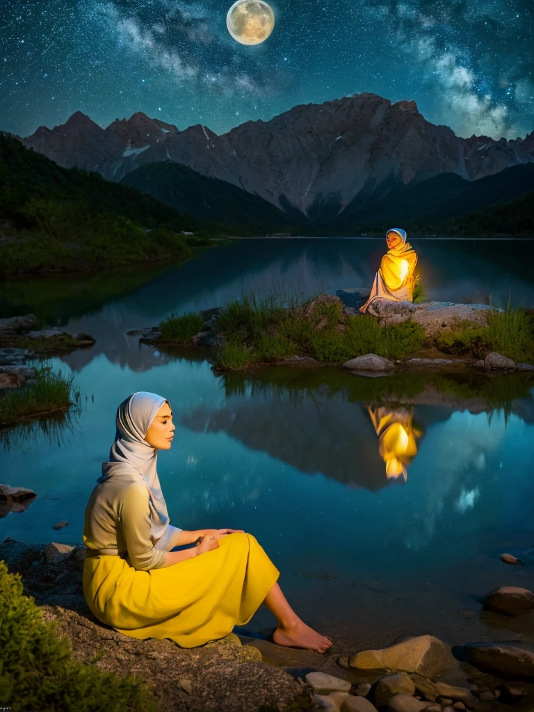 A very starry night. Big moon behind the mountains. The calm lake reflects the night. side view, a beautiful Korean woman wearing a hijab, yellow long skirt, sitting on a rock, knees propped, barefoot, sad expression, realistic scene, detail, Photorealism, 16k