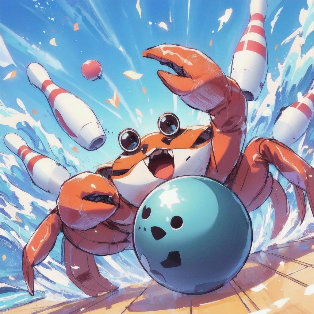 There&#39;s a crab throwing a bowling ball in the street, Bowling pins in the background,crabcore, Splash Art brawlstars, Splash Art, official Splash Art, collectible Card Art, headcrab, From Hearthstone, Hermit Crab Titan, Crab Monster, hearthstone Card Art, Game illustrations, Anthropomorphic crab, Just a joke, Full Art Illustration, Card Art, Patrick Brown