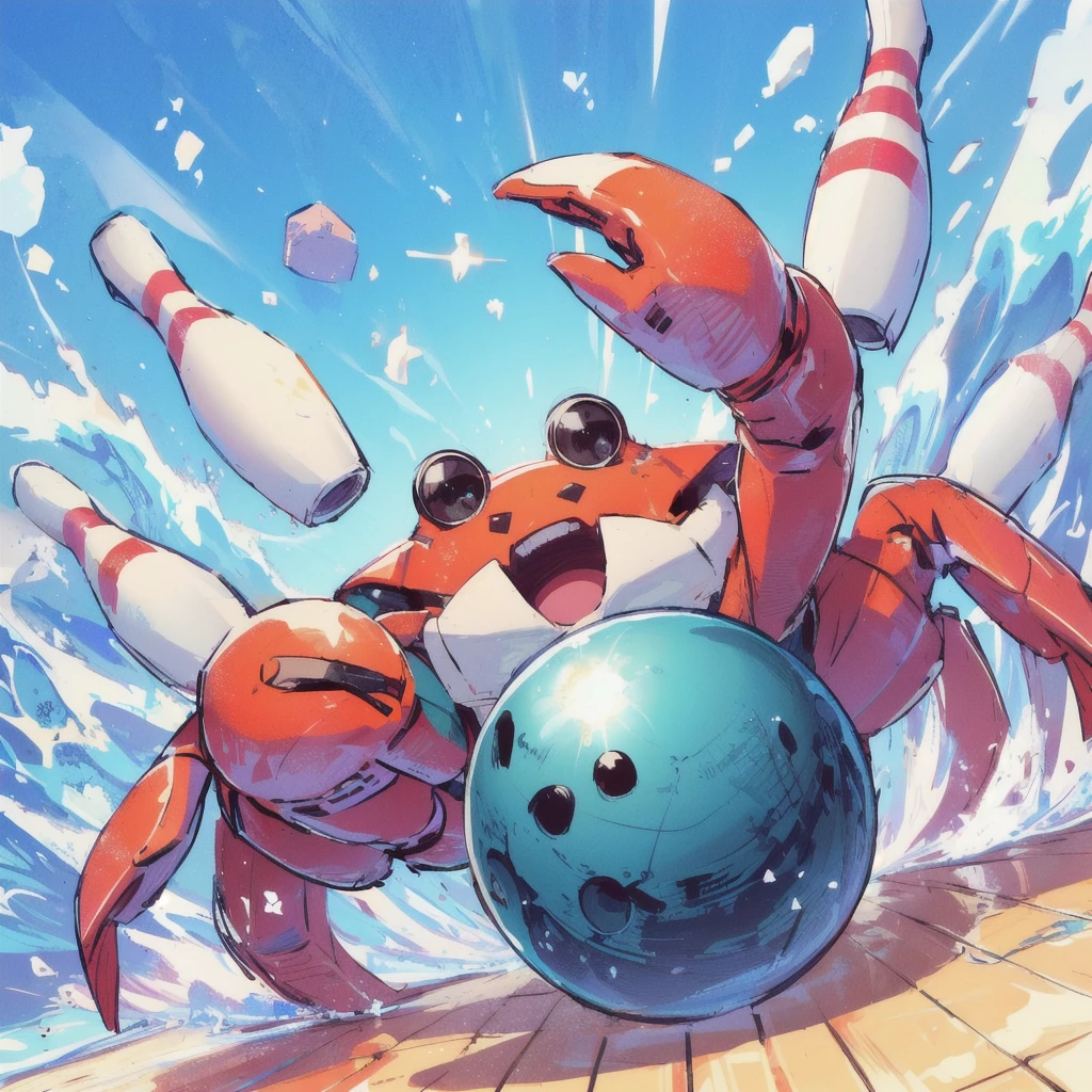 There&#39;s a crab throwing a bowling ball in the street, Bowling pins in the background,crabcore, Splash Art brawlstars, Splash Art, official Splash Art, collectible Card Art, headcrab, From Hearthstone, Hermit Crab Titan, Crab Monster, hearthstone Card Art, Game illustrations, Anthropomorphic crab, Just a joke, Full Art Illustration, Card Art, Patrick Brown