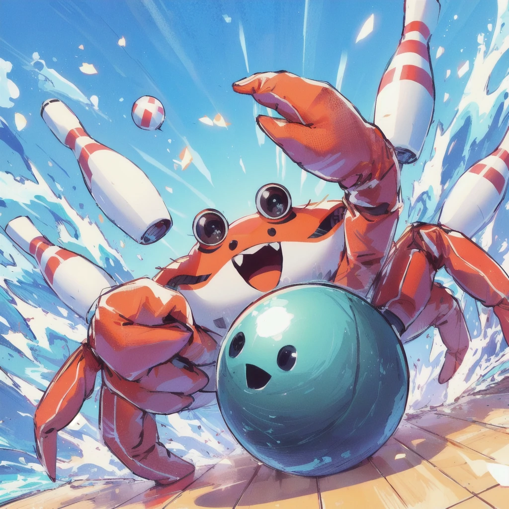There's a crab throwing a bowling ball in the street, Bowling pins in the background,crabcore, Splash Art brawlstars, Splash Art, official Splash Art, collectible Card Art, headcrab, From Hearthstone, Hermit Crab Titan, Crab Monster, hearthstone Card Art, Game illustrations, Anthropomorphic crab, Just a joke, Full Art Illustration, Card Art, Patrick Brown