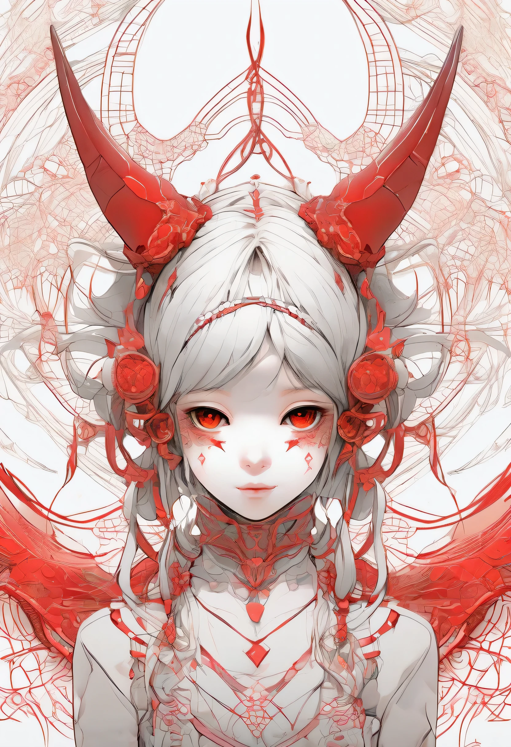 A small, cool-looking girl is sitting upright and looking at the viewer.、A terrifying demon mask is depicted in the background.、White background、Red Line、Fractal Art Lines、Zendangle Art、Masterpiece、Ultra-detailed、8K