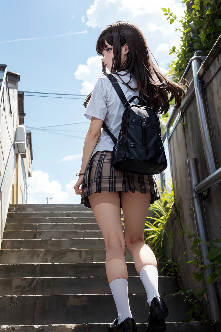 (full body:1.3), (Angle from below:1.3), (ultra detailed eyes), (ultra detailed face), high quality, best image quality, masterpiece, teenage girl, 18 years old, very cute and beautiful girl, (school stairs:1.2), ((school uniform)), (plaid skirt:1.2), school bag, (Dark blue ankle socks:1.2), (Brown Loafers:1.2), medium breasts, medium black hair, soft wavy hair, (smile:1.2), (looking back, from behind:1.3), Natural lighting, Hair fluttering in the wind, ((Finest quality)), ultra high resolution, ultra-detailliert, Meticulous portrayal, ((Best Anime)),