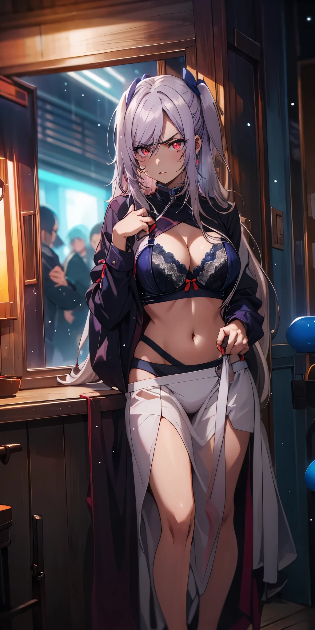(silver hair:1.3), long hair, ribbon, twintail, red eyes, 1girl, underwear, bra, breasts, black_bra, solo, panties, looking_at_viewer, cleavage, long_sleeves, large_breasts, dress, navel, black_panties, rain, lace-trimmed_bra, lace, indoors, (bokeh:1.3), long_skirt, hollow eyes, red eyes, looking at viewer. glowing eyes, (heavy breathing:1.2), (annoyed:1.2), parted lips,