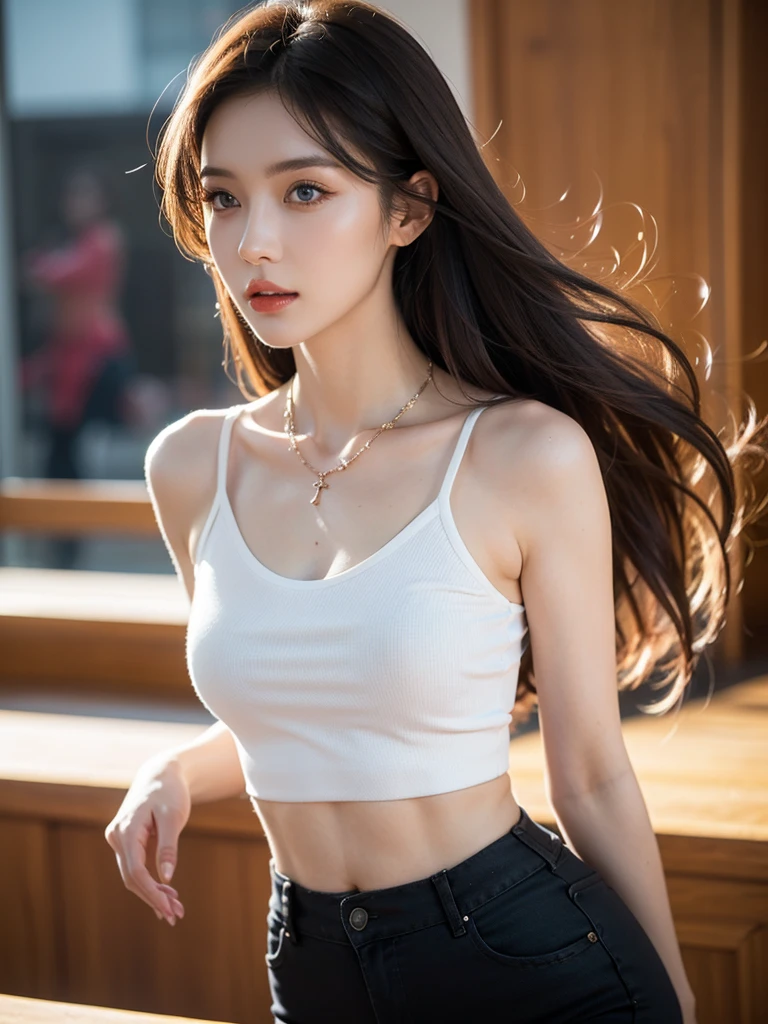 beautiful russian woman in her 20s, 8K, perfect physique, perfect proportions, detailed face, high quality, photorealistic, stunning eyes, long eyelashes, attractive facial features, flawless skin, light brown hair, tight waist, necklace, active posing, rough long hairstyle, vivid colors, masterpiece, best quality, society, dance, noble, Dance