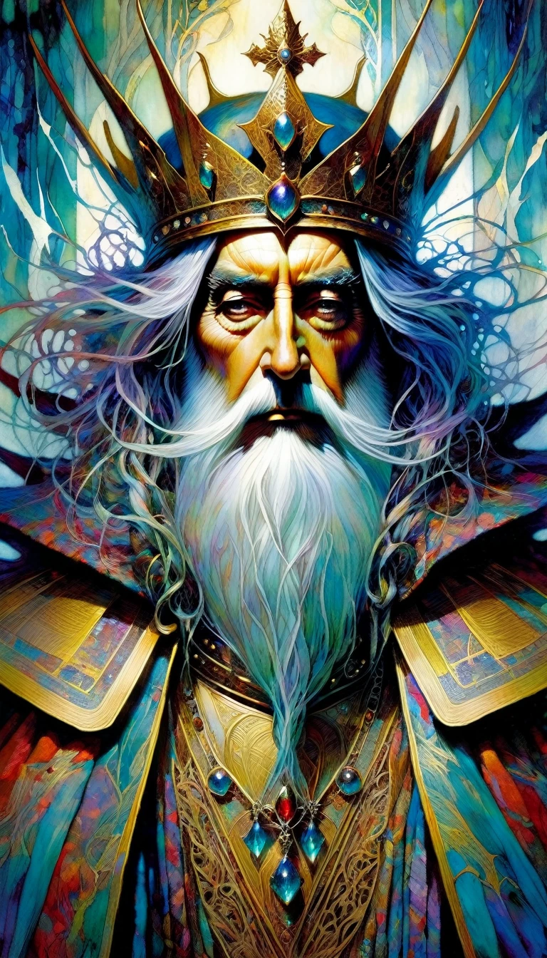 tarot card, the emperor, IN THE TRONE ((text on card: "EL EMPERADOR"))by Brian Froud and Carne Griffiths and Wadim Kashin, intricate details, oil
