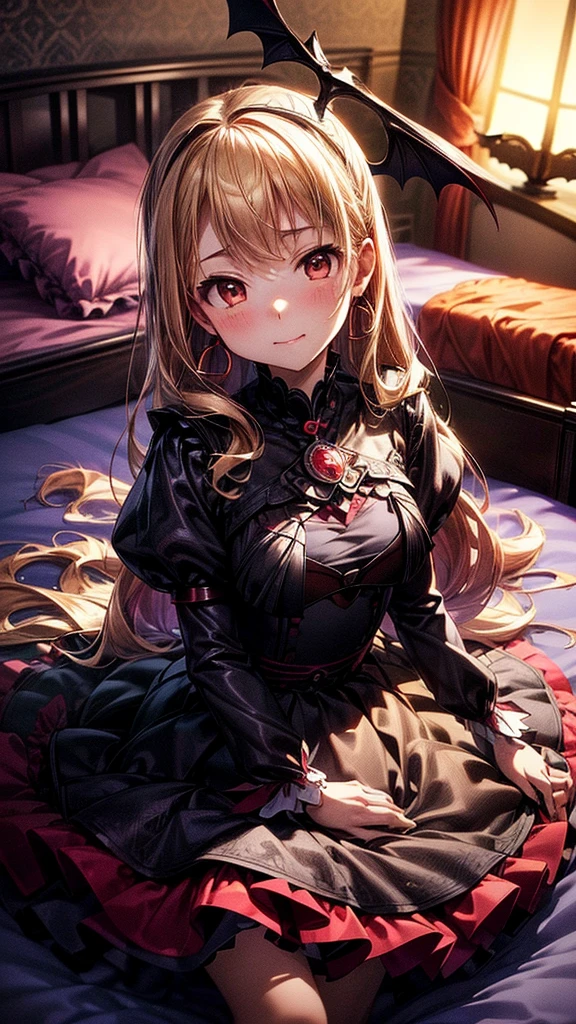 最high quality、Best image quality、masterpiece、 Girls((18-year-old、black and red sexy dress、Best Bust、Bust 85、Blonde long hair、Iris、Open your chest wide、valley、happiness、Slender、Chest lifting posture、Gold earrings、bedにひざまずいて)）high quality、Beautiful art、background((night、Bat、Nice and clean room、bed))Tabletop、Exquisite design、Visual Arts、High-value contract、Best lighting、Highest detail、Low angle