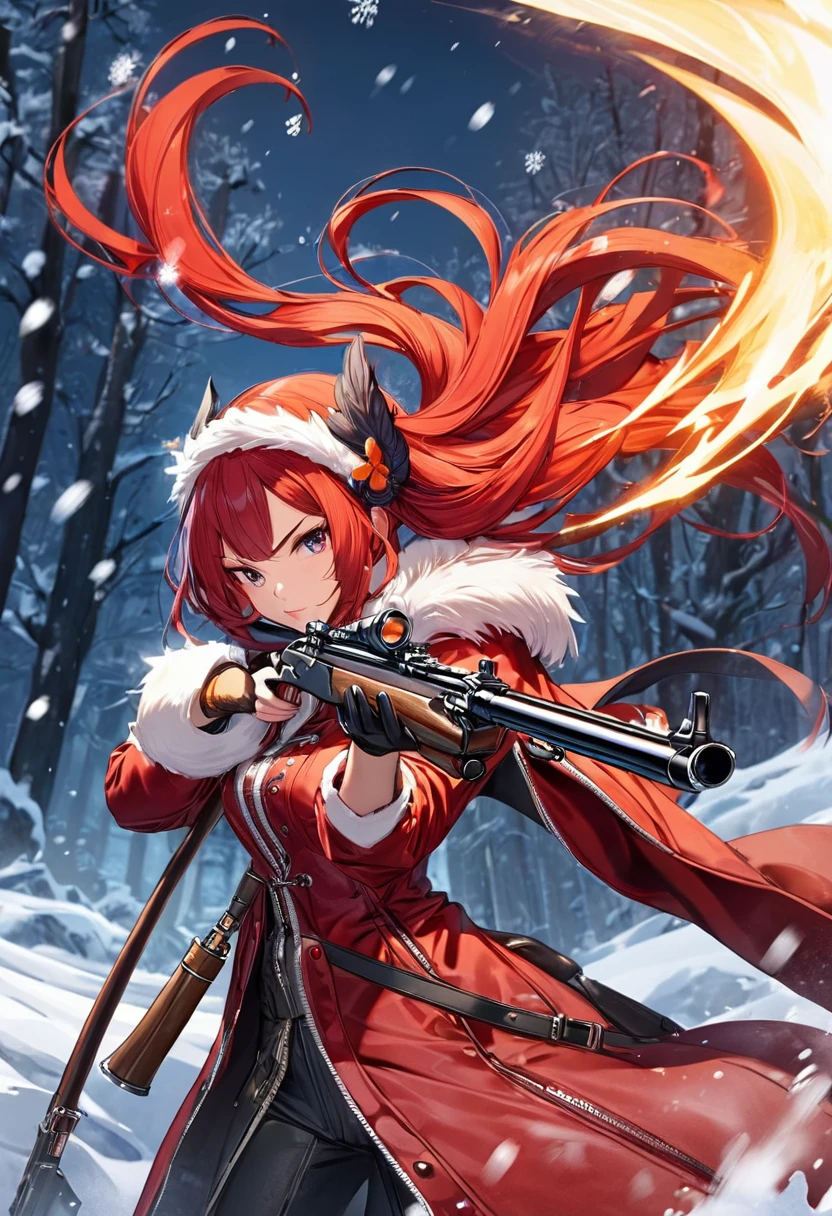 Huntress holding rifle,Snow Fighting Pose,East,Blade and Soul,Ink style,Long red hair,Leather and fur coats,cold,artwork,3d,4K,detailed,Practical