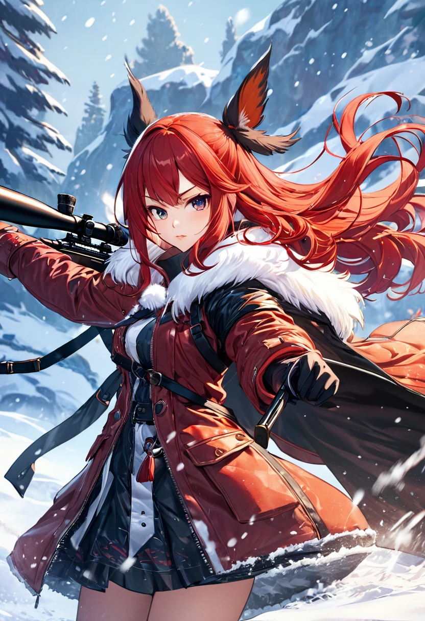 Huntress holding rifle,Snow Fighting Pose,East,Blade and Soul,Ink style,Long red hair,Leather and fur coats,cold,artwork,3d,4K,detailed,Practical