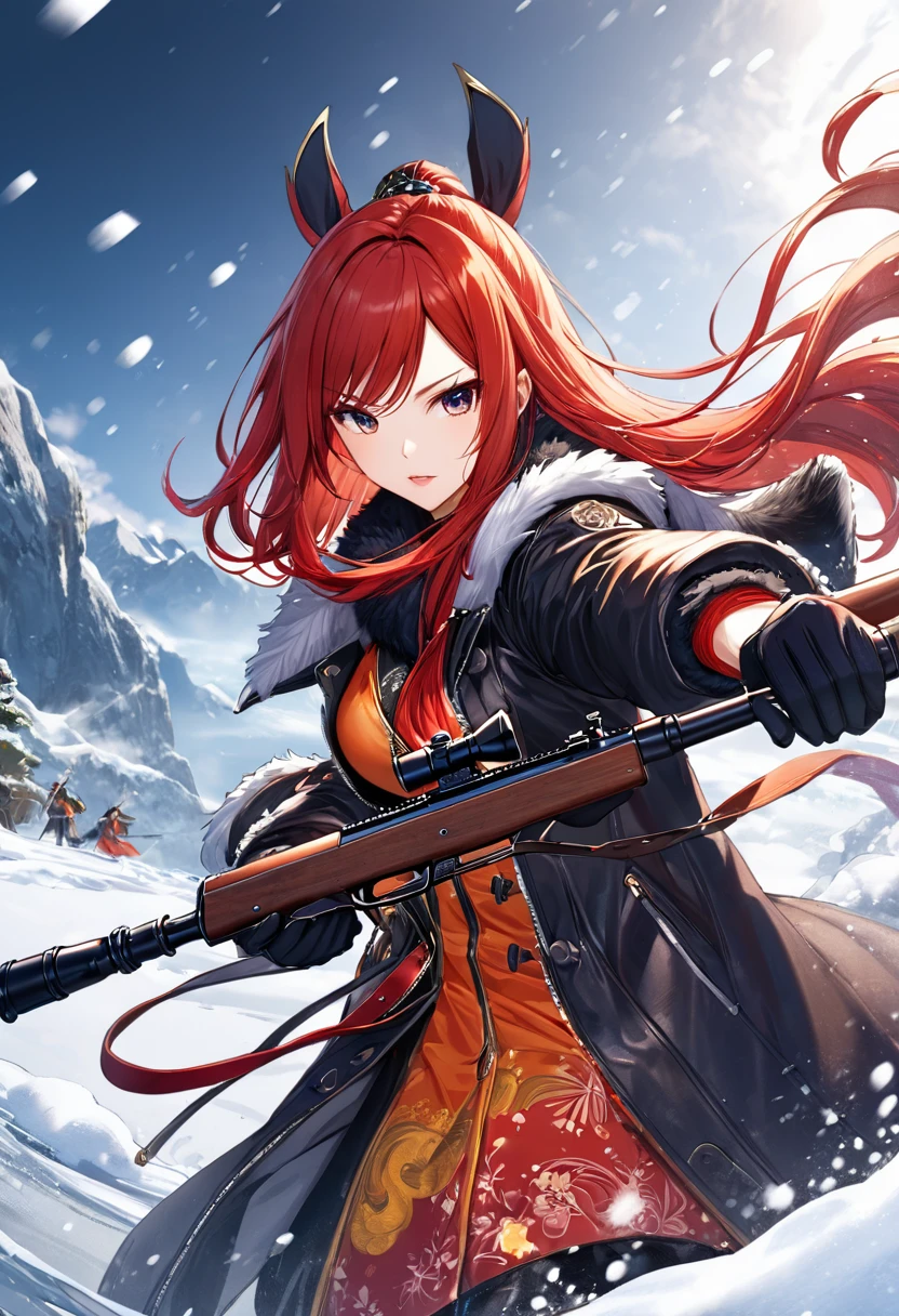 Huntress holding rifle,Snow Fighting Pose,East,Blade and Soul,Ink style,Long red hair,Leather and fur coats,cold,artwork,3d,4K,detailed,Practical