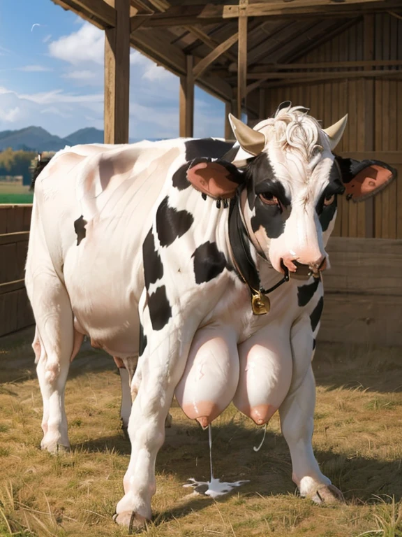 ((there are a female cow and ((a male bull)) in the cattle barn)),((she and the male bull are mating)),((she is a domestic holstein,she is a quadruped,she is mating with the male bull)),nude,((she is pregnant,there are much hay in the cattle barn,in the cattle barn)),feral Holstein,holstein fur,cow bell,((nose ring of holstein)),nude,in the cattle barn,((hoofs of cow)),((finger is hoof of cow)),cow finger,out of tongue,on all fours,((extra breasts of holstein)),((udders of holstein)),((the other male bull is copulating with her)),(((she is copulating with the male bull))),ahegao,((feel her orgasm))