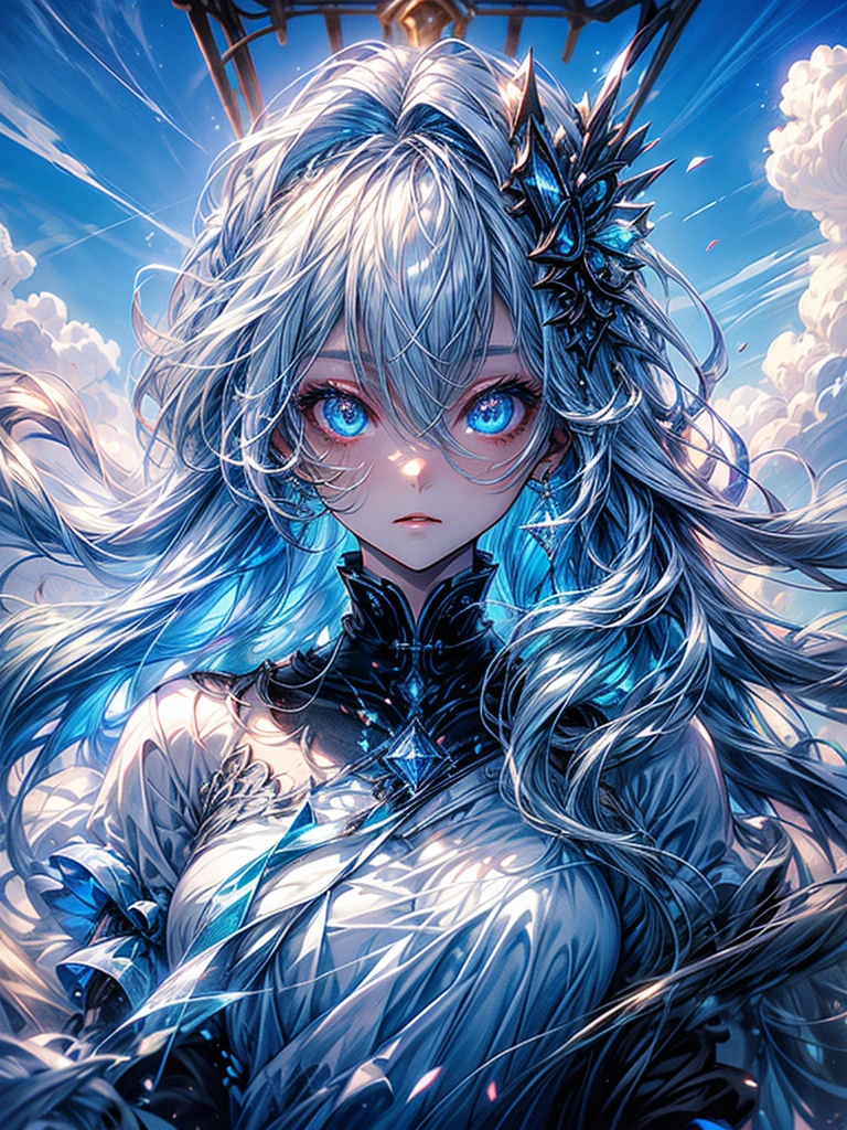 One beautiful woman、Long Field Angle、Highest quality、Super detailed、masterpiece、Transparent light blue hair、Crystal-like hair、Blue eyes that shine like jewels、Flowing hair、Sky、Standing on a steep cliff、Above the Clouds、Spectacular views、mysterious