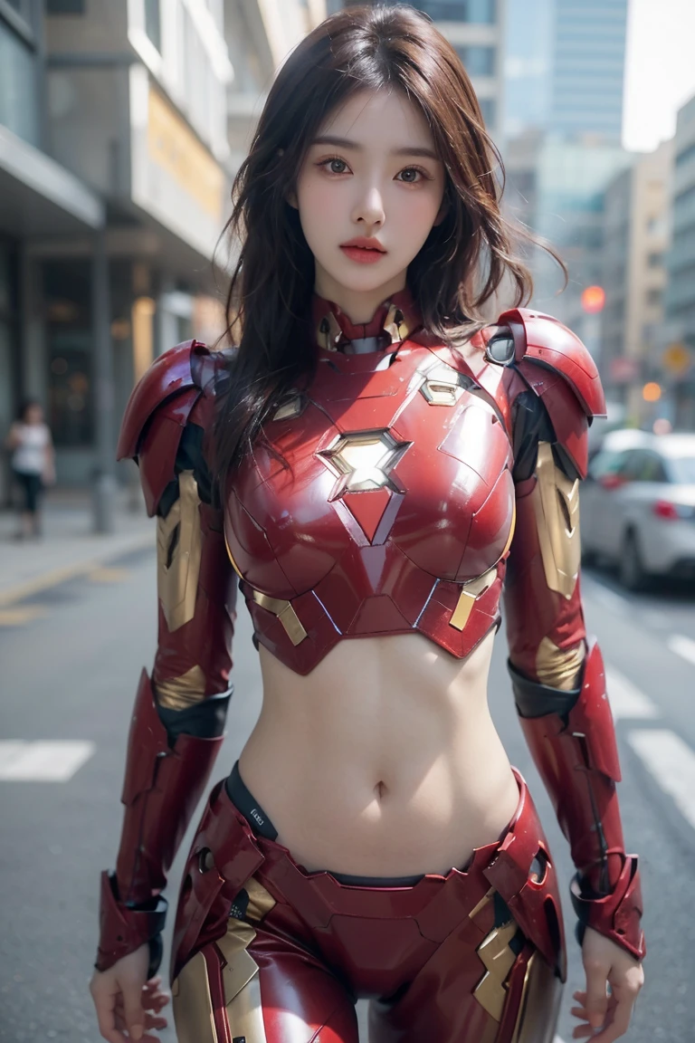A girl wearing red Iron Man armor,Exposing sexy belly,((cowboy shot)),Looking at the camera,Detailed facial features, beautiful eyes, Lips, and long eyelashes, Reality, 8K, Very detailed, Studio Lighting, Dramatic Lighting, Vibrant colors, work, City Streets,The abdomen is open,Showing belly,Sexy abdominal muscles